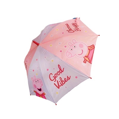 Guarda-chuva infantil rosa e lilás com personagens da Peppa Pig e texto 'Good vibes' e 'Choose happy'
