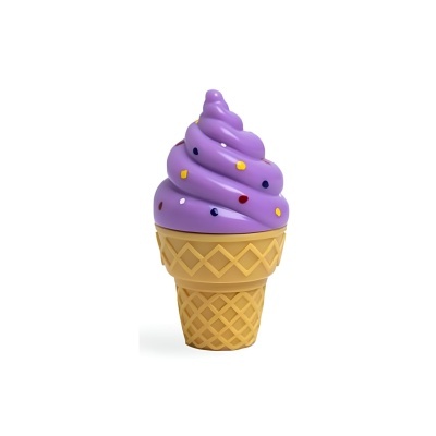 Brinquedo ou decoração em forma de gelado roxo com cône bege e detalhes coloridos