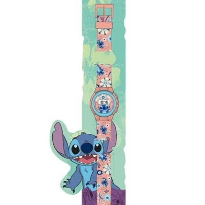 Relógio digital cor-de-rosa com padrão Stitch em embalagem verde