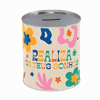 Mealheiro metálico colorido com texto e flores