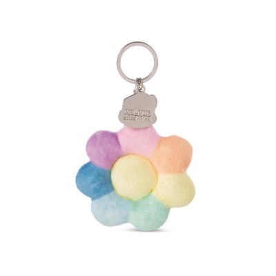 Chaveiro flor colorida em tecido macio com anel metálico e placa prateada