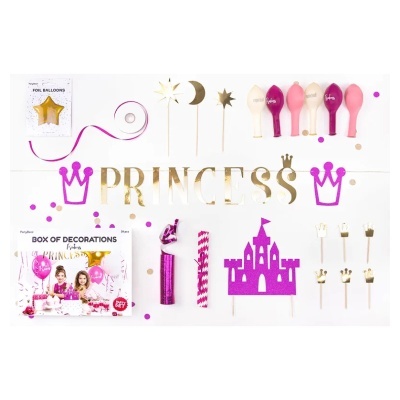 Conjunto de decorações para festa em tons de dourado, rosa e roxo com tema princesa