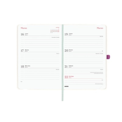 Agenda aberta nas datas de 16 a 22 de março com marca-texto e elástico coloridos