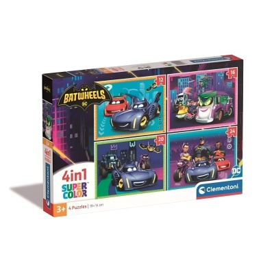 Caixa de puzzles Batwheels DC com quatro imagens de carrinhos de super-heróis