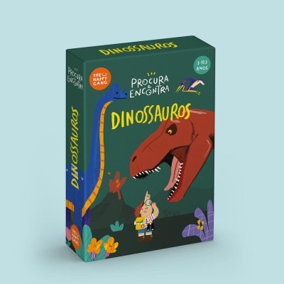 Caixa de jogo infantil PROCURA E ENCONTRA DINOSSAUROS com ilustrações coloridas de dinossauros e criança