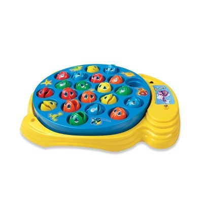 Jogo de pesca portátil colorido com peixes animados.