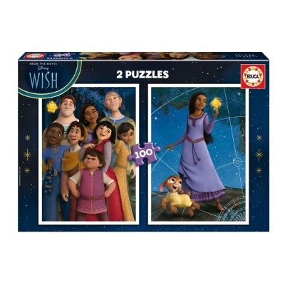 Caixa de dois puzzles de personagens animadas coloridas e texto 2 PUZZLES 100 EDUCA