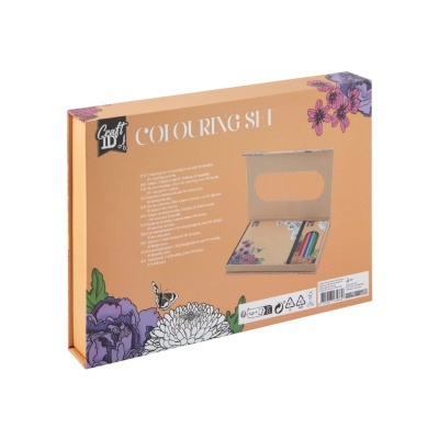 Conjunto de colorir Craft ID numa caixa de papel com decoração floral e lápis de cor visíveis.