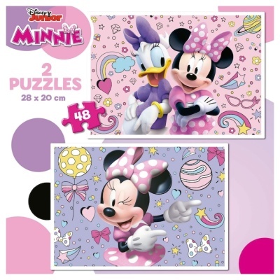 Caixa com 2 puzzles Disney Junior Minnie com 48 peças e personagens Minnie e Daisy