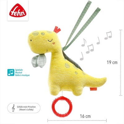 Brinquedo musical amarelo em forma de dinossauro com cordão vermelho e asas verdes