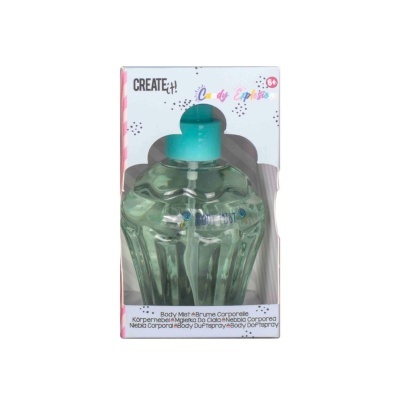 Frasco de body mist azul em embalagem branca com texto