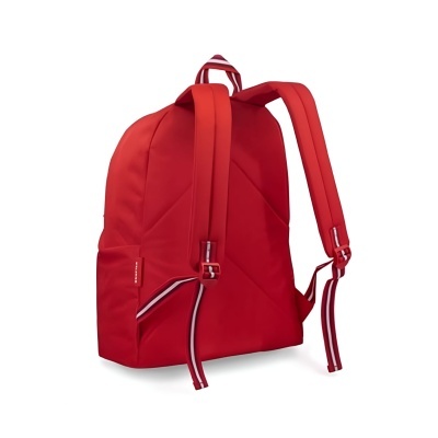 Mochila vermelha com alças riscas brancas e vermelhas