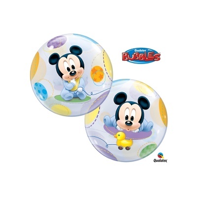 Bolas transparentes Qualatex BUBBLES com bebés de Mickey Mouse e padrões coloridos.