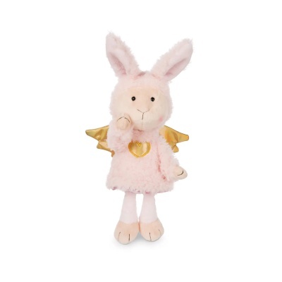 Peluche coelho cor-de-rosa com asas douradas e coração no peito