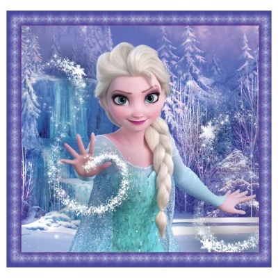 Personagem animada com vestido azul e cabelo loiro em paisagem nevada com brilho mágico