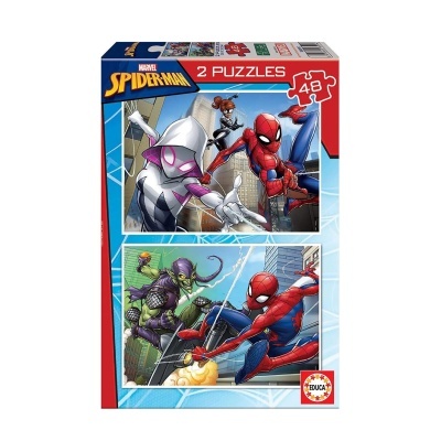 Caixa com dois puzzles Spider-Man, 48 peças cada, imagens com personagens Marvel, fundo azul com padrão de teia.