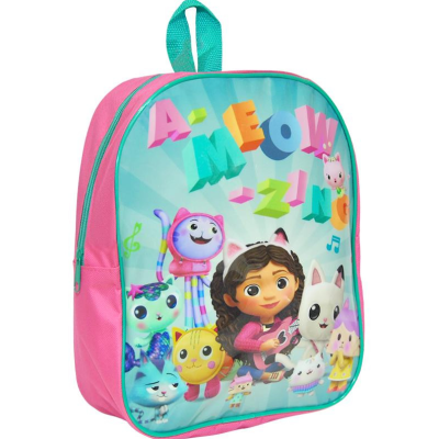 Mochila infantil rosa com estampa de personagens e letras coloridas