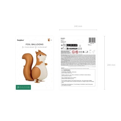 Embalagem branca de balão foil com desenho de esquilo castanho e branco e texto PartyDeco.