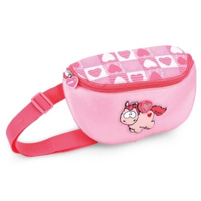 Bolsa tipo cintura rosa com padrão de corações e ilustração de pónei