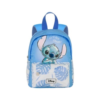 Mochila azul Stitch Disney com padrão de folhas e logo