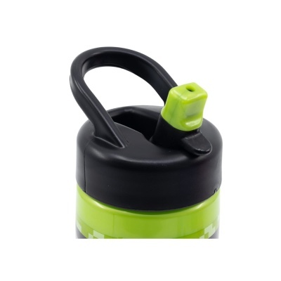 Garrafa de bebida desportiva verde com tampa preta e bocal verde