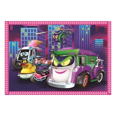 Personagens animados de veículos coloridos em fundo urbano com moldura rosa