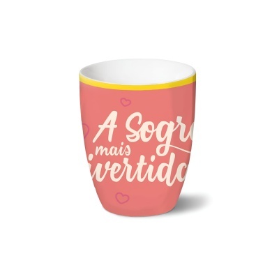 Caneca rosa com texto branco e interior branco com rebordo amarelo