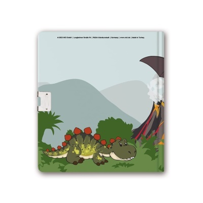 Capa de caderno com dinossauro e vulcão desenhados