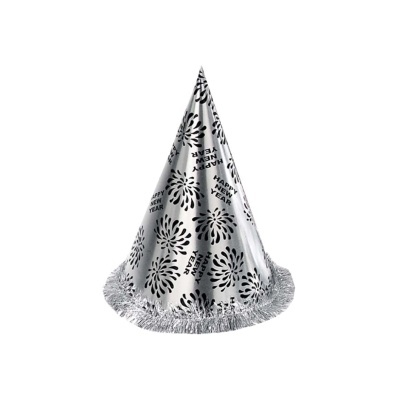 Chapéu de festa prateado cónico com textos e desenhos pretos