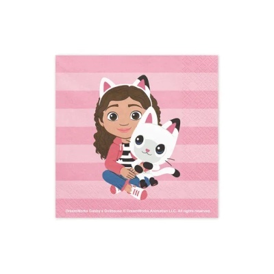 Guardanapo rosa com rapariga e gato ilustrados