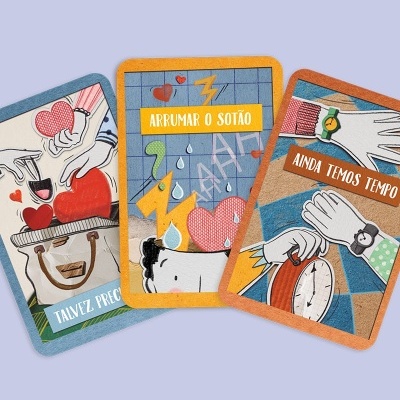 Três cartas ilustradas com textos em português e desenhos coloridos sobre fundo lilás.