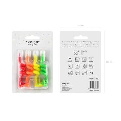 Conjunto de velas espiral coloridas em embalagem plástica com cartão branco e pontos dourados