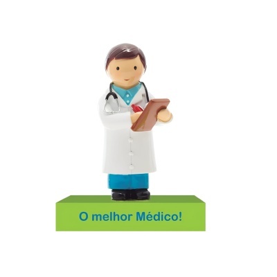 Figura decorativa de médico com prancheta e texto 'O melhor Médico!' na base verde