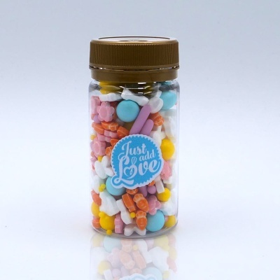 Frasco transparente com cápsulas coloridas e etiqueta azul com texto