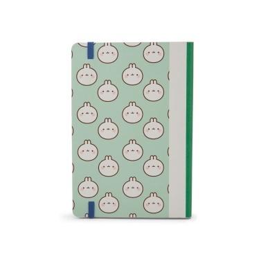 Caderno com capa verde claro e padrão de coelhos brancos