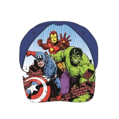 Boné azul com desenho do Capitão América, Homem de Ferro e Hulk.