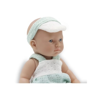 Boneco bebé vestido com roupa de malha e viseira