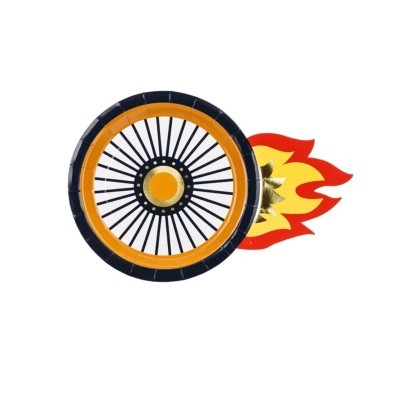 Prato descartável decorativo com padrão de roda de bicicleta e chama.