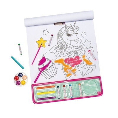 Kit de desenho infantil com imagens para colorir e vários materiais de pintura