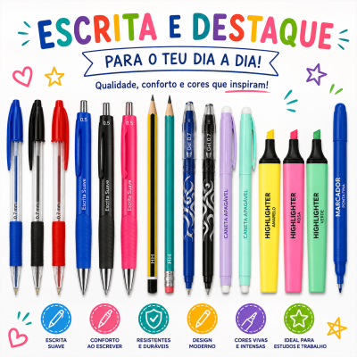 Conjunto colorido de canetas, lápis e marcadores de escrita com textos e ícones de benefícios sobre fundo branco.