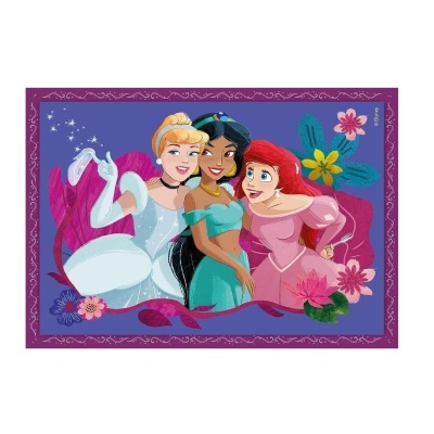 Ilustração de três princesas animadas com vestidos coloridos e flores num fundo roxo