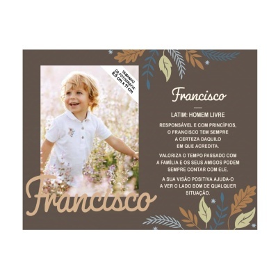 Cartaz com foto de criança e texto sobre Francisco em fundo castanho decorado com folhas