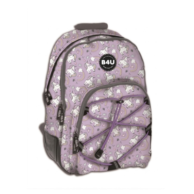 Mochila cor-de-rosa com padrão de unicórnios e emblema B4U
