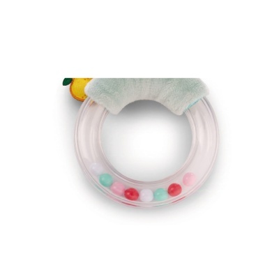 Mordedor circular transparente com bolas coloridas e parte superior almofadada cinza