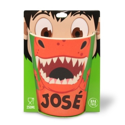 Copo infantil de plástico BPA free com desenho de dinossauro vermelho e nome JOSÉ