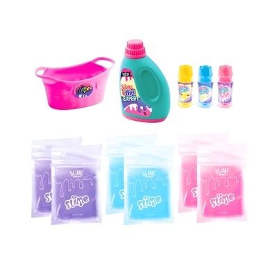 Conjunto de produtos slime com bacia rosa, garrafa azul, três frascos coloridos e sacos de slime em várias cores