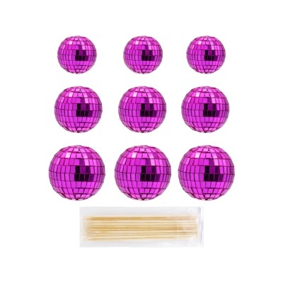 nine pink mirrored decorative balls with wooden sticks on white background