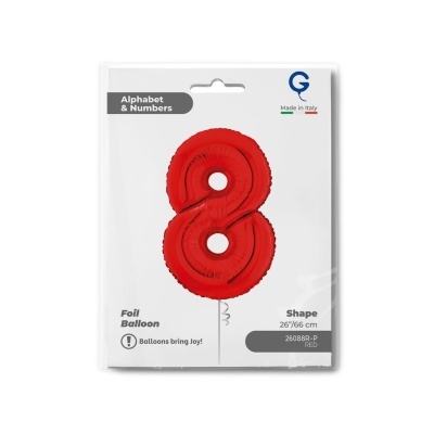 Balão vermelho em forma de número 8 num saco branco com texto