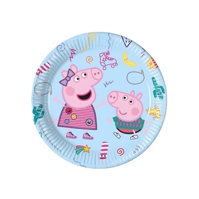 Prato de papel azul com personagens Peppa Pig e George Pig coloridas
