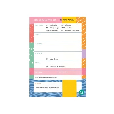 Bloco semanal de notas colorido com separadores e atividades escritas à mão.